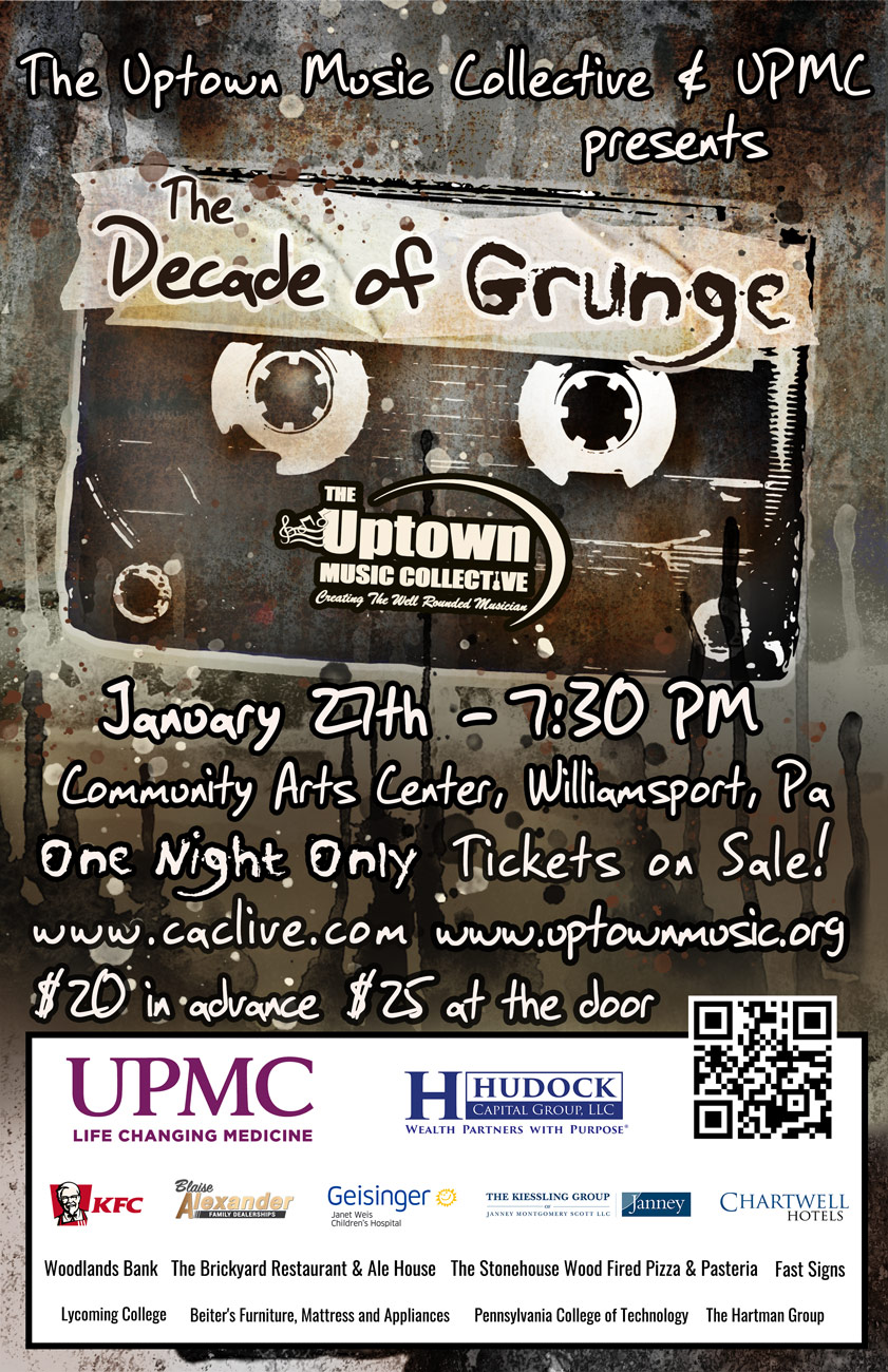 The Uptown Music Collective & UPMC presents Decade of Grunge on January 27th, 2024 at the Community Arts Center. 